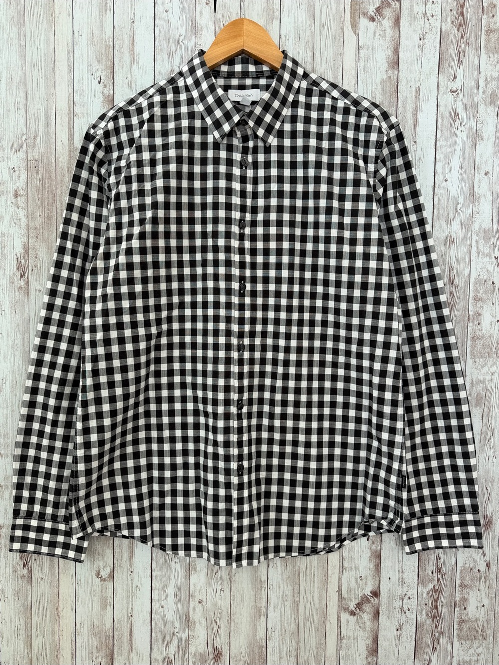 Calvin Klein Men’s Black & White Gingham Cotton Shirt sz Large Slim Fit Button